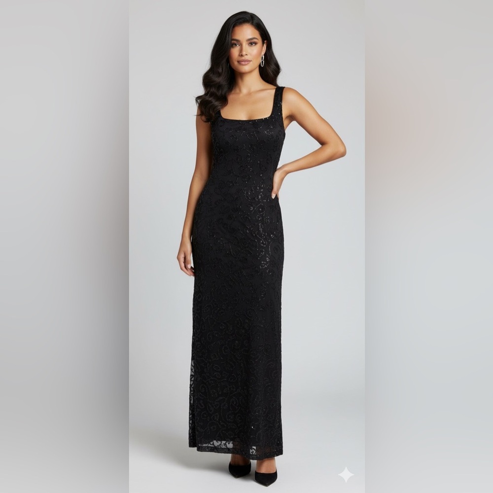 Cache Vintage 90s‎ Beaded Black Evening Formal Dress Gown Prom Wedding S